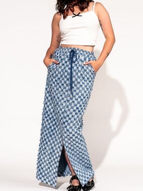 Dressed in LALA Check Mate Textured Denim Maxi Skirt NWT (M)